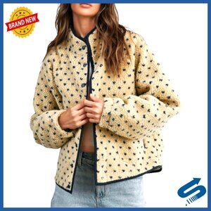 Women's Fleece Jacket Button Down Lapel Collar Sherpa Quilted Outerwear